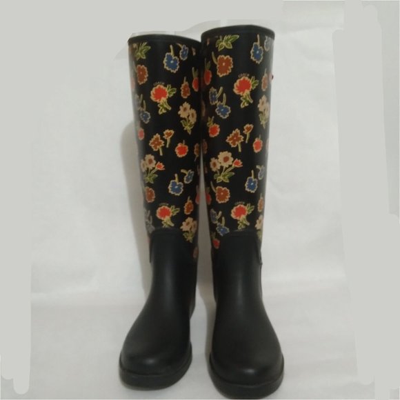 EUC Coach TRISTEE Black & Multicolor Floral Rainboots RARE WOM US 7 / EU 37 ANB - Picture 4 of 9